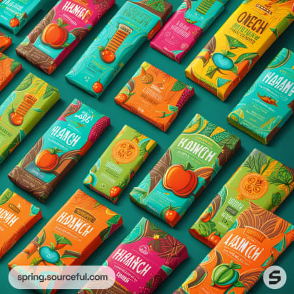 Vibrant chocolate bar packaging with fruit designs on green background.