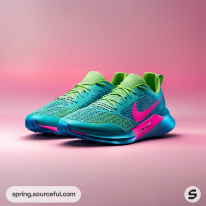 Pair of vibrant blue and green running shoes with pink details on a pink background.