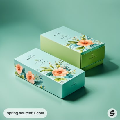 Two rectangular boxes with floral prints on green background