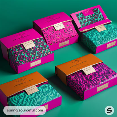 Colorful pattern boxes with geometric designs on a green surface.