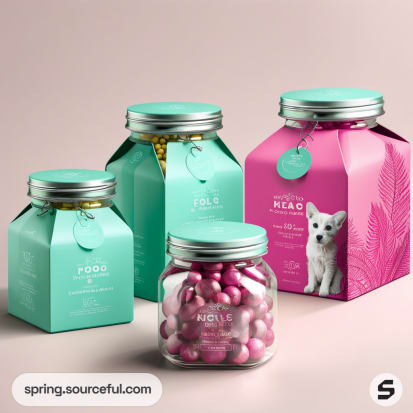 Selection of jars and boxes with teal and pink packaging, featuring images of a dog and floral patterns.