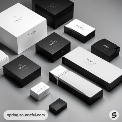 Black and white rectangular boxes with branding text on gray background.