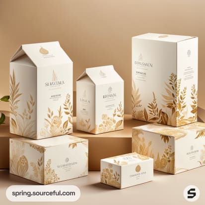 Elegant boxes with gold floral designs on cream backgrounds, varying sizes, set on a warm-toned surface.