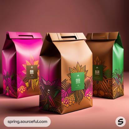 Colorful coffee bags with floral designs and handles on a brown background.