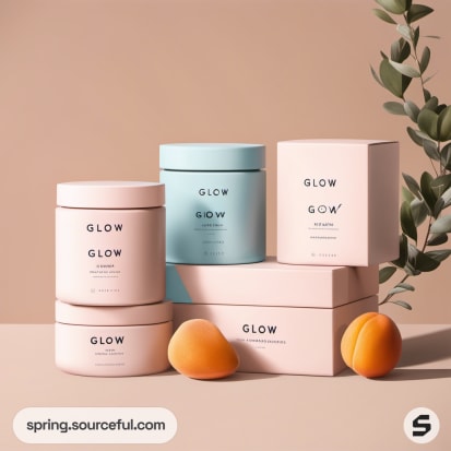 Skincare jars and boxes with apricots, on neutral background.