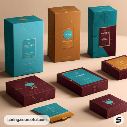 Elegant boxes in teal, maroon, and mustard with geometric patterns.