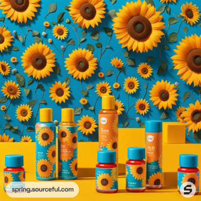 Colorful sunflower-patterned bottles with blue and orange backdrop.