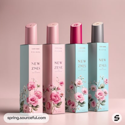 Four floral scented body sprays in decorative pink and blue packaging.