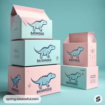 Stacked boxes with dinosaur graphics and pastel color schemes.