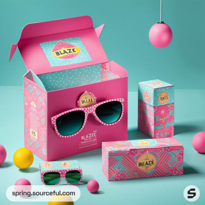 Open pink and teal box displaying polka dot sunglasses, surrounded by similar packaging.