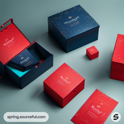 Assorted blue and red boxes with white speckled designs, open and closed.