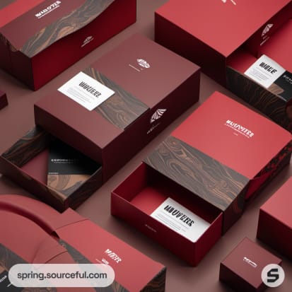 Red and brown boxes with wood texture and geometric design.