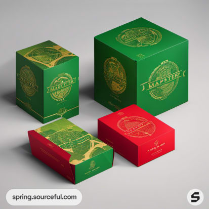 Square green and red boxes with embossed circular designs on wood surface.