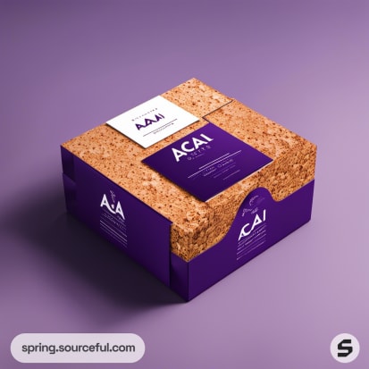 Purple and cork-textured acai packaging box with a simple design.