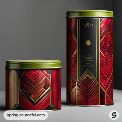 Two decorative tins with red and gold geometric patterns and green lids.