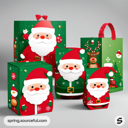 Green and red gift bags with Santa and reindeer illustrations.