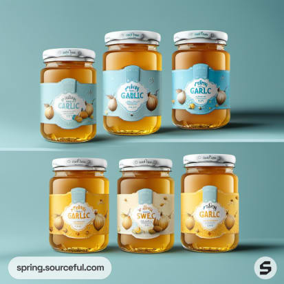 Eight jars with blue labels, garlic-themed designs.