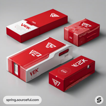 Red and white rectangular boxes with bold text and geometric patterns.