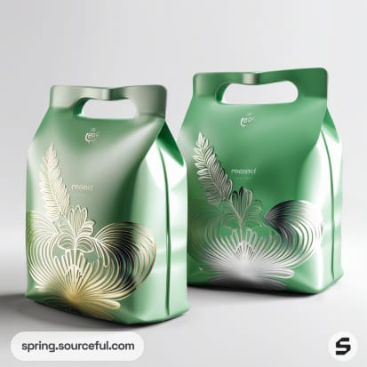 Green resealable bags with floral design and handle, featuring gold and white accents.