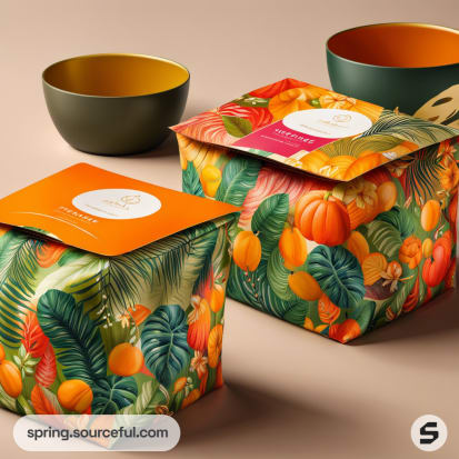 Colorful gift boxes with tropical fruit and leaf patterns, accompanied by two matching bowls on a neutral background.