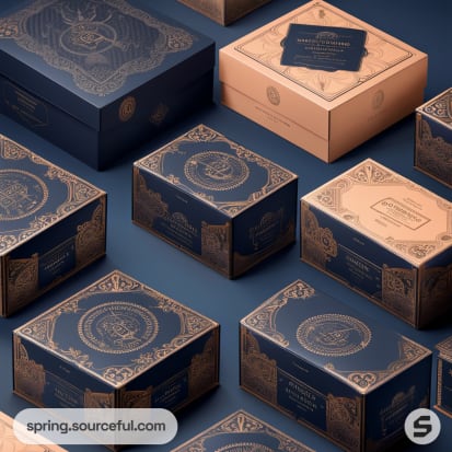 Multiple luxury gift boxes with ornate gold designs on blue and beige backgrounds.