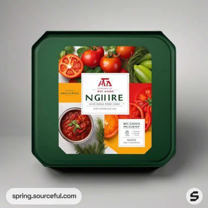 Green and red square container with tomato and herb imagery.