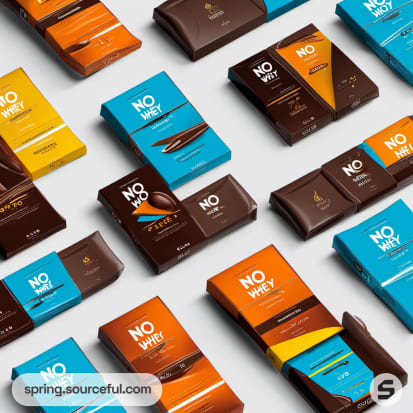 Various chocolate bar packages with blue, orange, and brown designs on a light background.