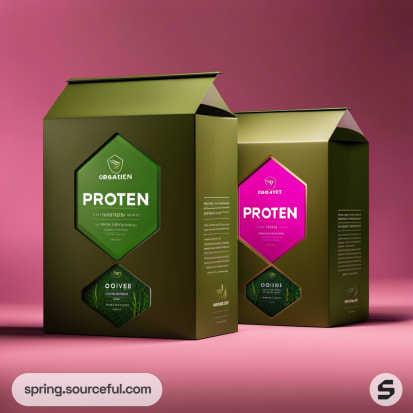 Two large protein powder boxes in green and pink, on pink background.