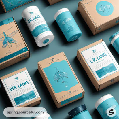 Assorted teal and kraft paper packages with drone illustrations.