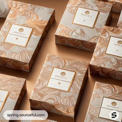 Patterned boxes with intricate swirls and organic labels.