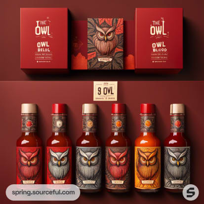 Hot sauce packaging with red and orange owl designs and matching boxes.