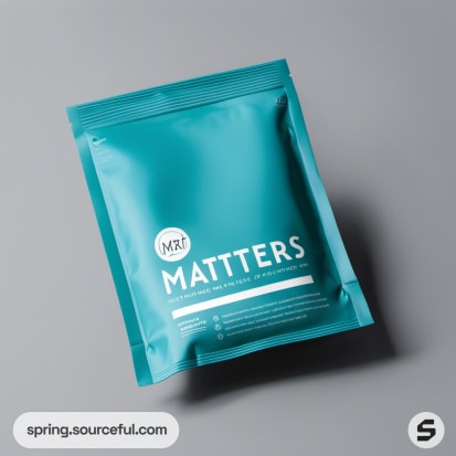 Teal resealable pouch with minimal text design