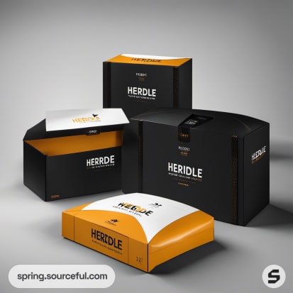 Orange and black modular boxes with open lids on a white surface.