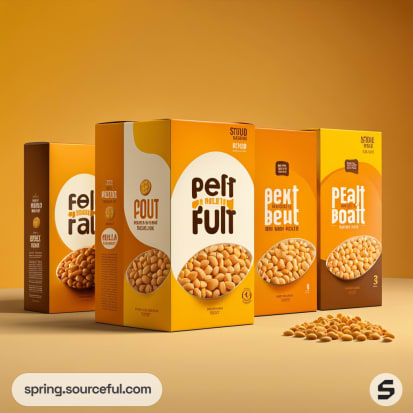 Assorted peanut cereal boxes in orange and brown colors.