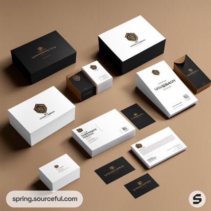 Collection of black and white packaging with gold accents, including boxes and business cards on a tan background.