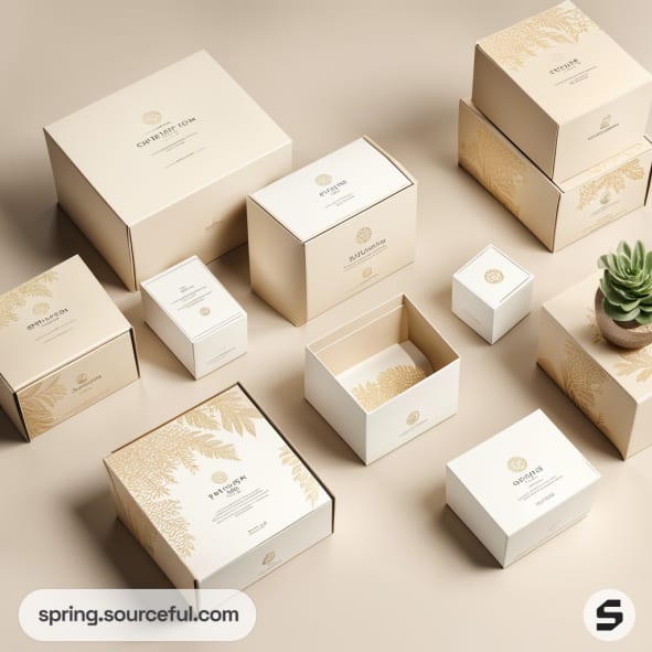 Beige and white boxes with floral patterns on a neutral background, featuring a small succulent.