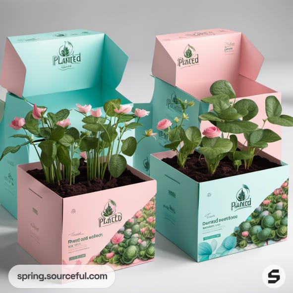 Colorful mailer boxes with soil and pink flowering plants against a soft background.