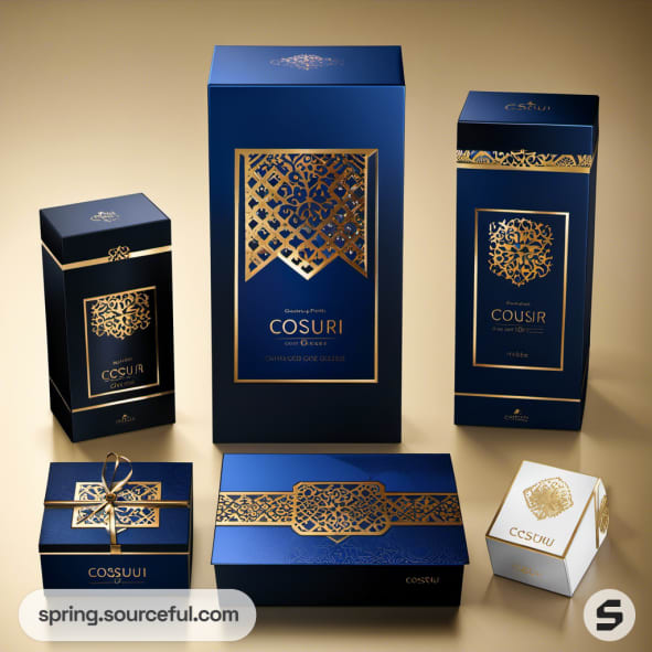 Blue and gold luxury packaging set with intricate patterns and text, featuring tall and small box designs.