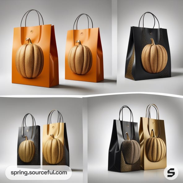 Four paper shopping bags with pumpkin designs in orange, black, and gold colors.