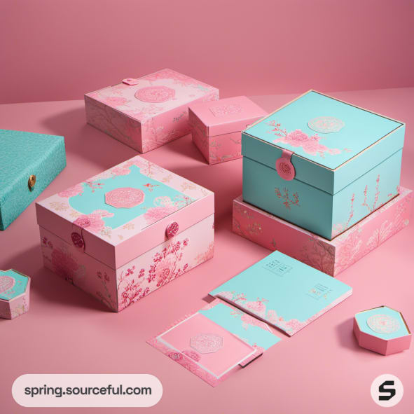 Pink and teal gift boxes with floral designs on a pink background.