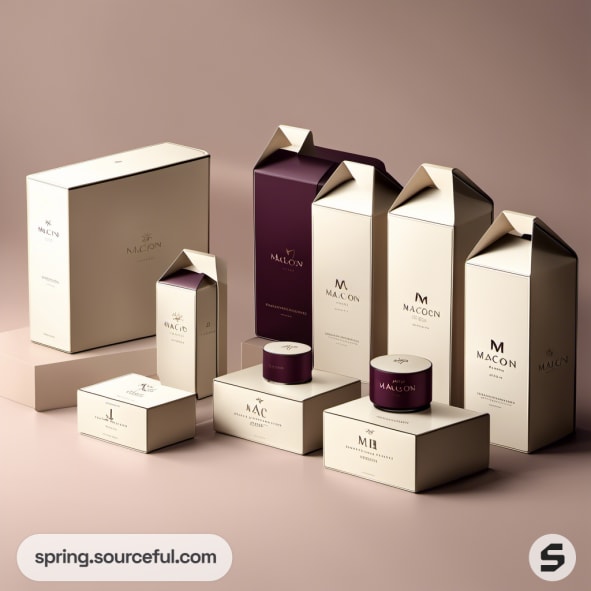 Assortment of elegant cream and purple macaron packaging boxes.