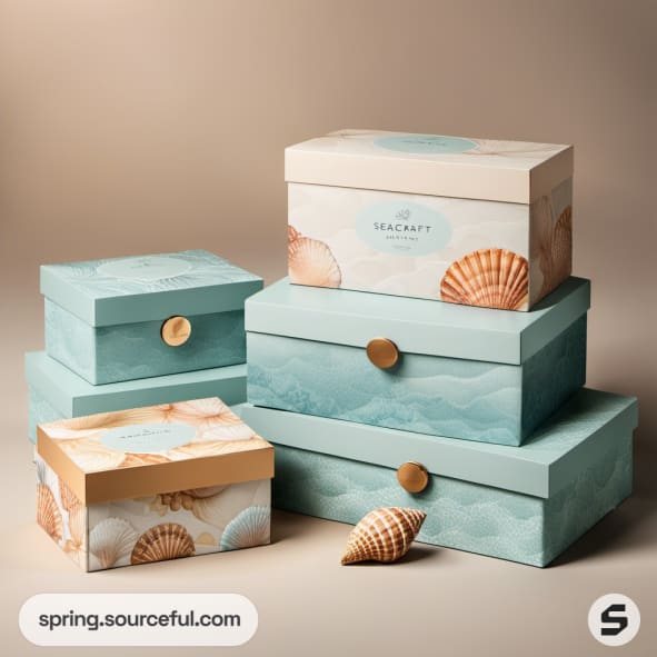 Stacked sea-themed gift boxes in pastel colors with shell designs.