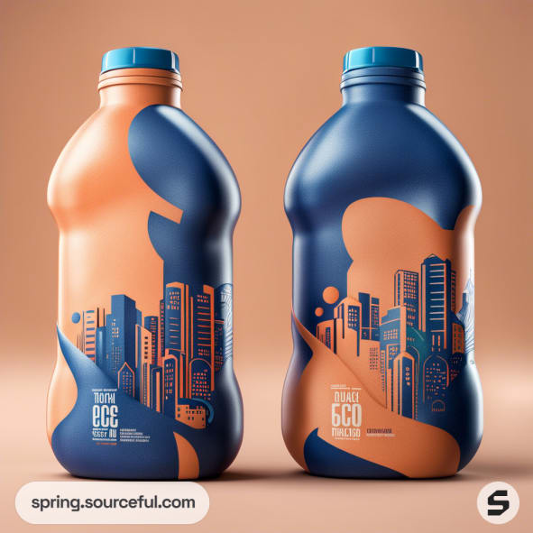 Two eco-friendly beverage bottles with urban skyline design in blue and orange hues on a brown background.