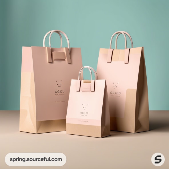 Three beige and pink paper bags with handles against a teal background.