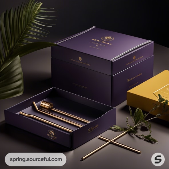 Purple and yellow boxes with metal straws and cleaning brushes displayed on a dark background.