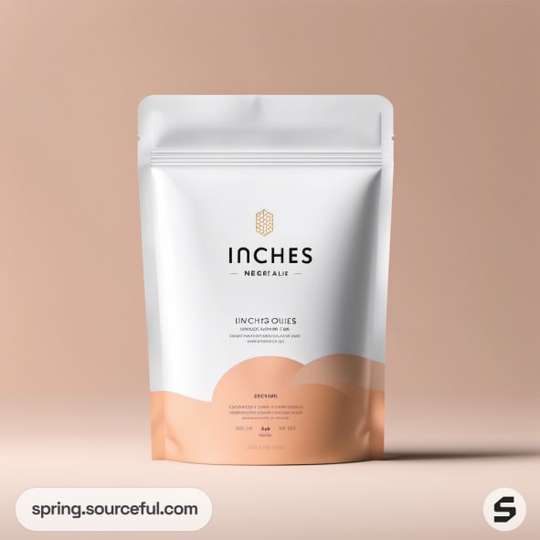 White resealable pouch with orange accent on a beige background.