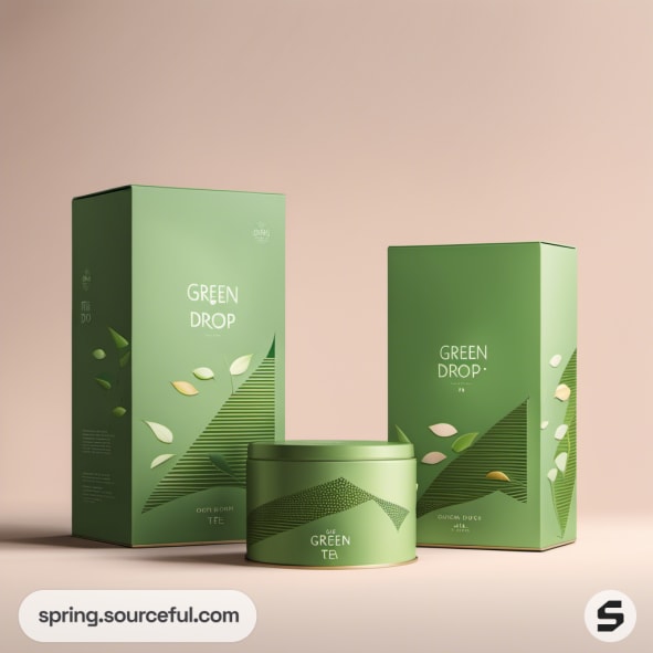 Green tea packaging in tall green boxes and a round tin on a beige background.