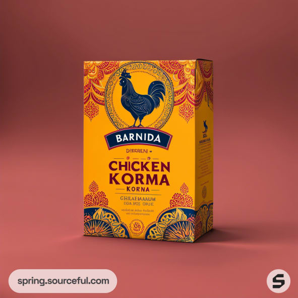 Yellow and red chicken korma box with intricate patterns on a brown background.