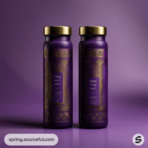 Purple bottles with gold lids and ornate designs, labeled for yoga mats, against a matching purple background.