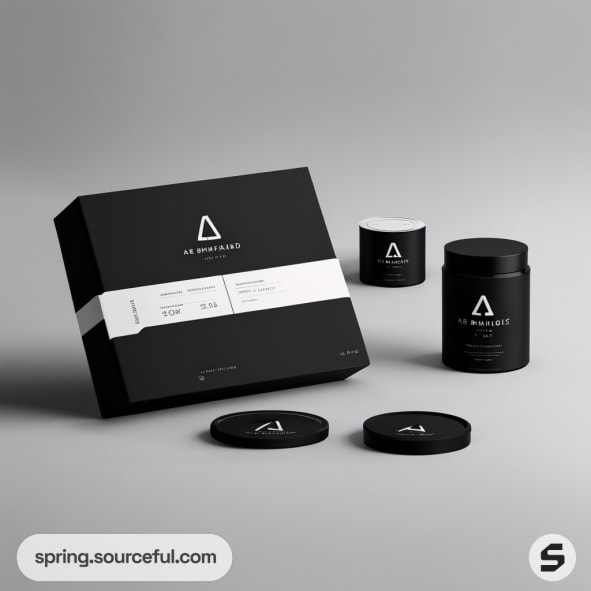 Black packaging with skincare jars on gray background.